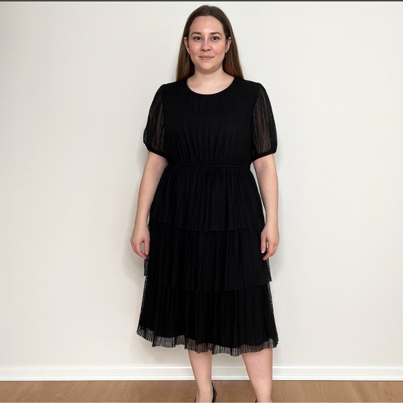 J. Crew Factory Dresses & Skirts - J. Crew Tiered Midi Dress Swiss Dot Black Short‎ Sleeve Size 10